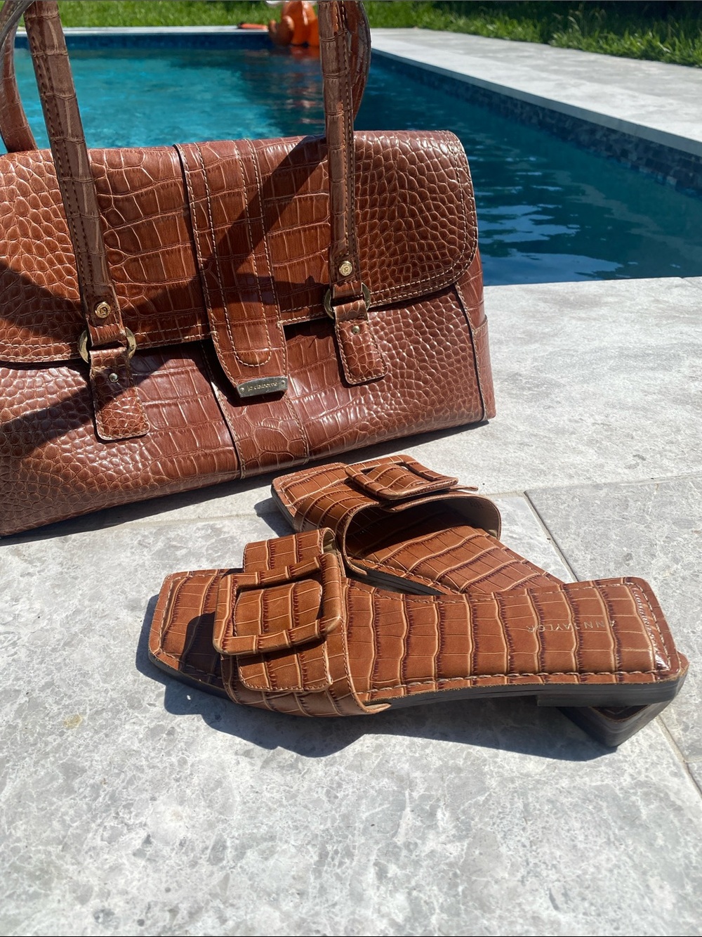 Ann Taylor Brown Croc-Embossed Slide Sandals with Buckle